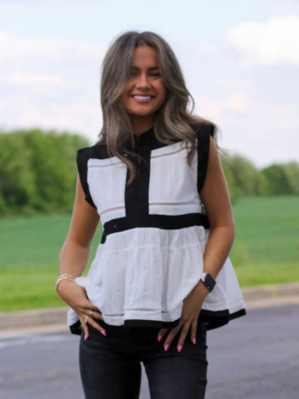 Contrast Trim Peplum Button Detail Blouse